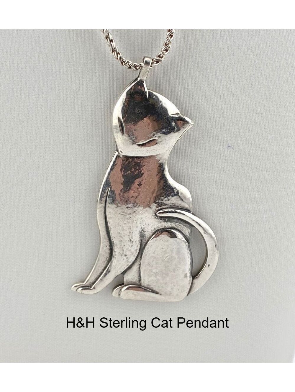 Vintage H&H 24" Sterling Silver Chain with 2.5"Cat Pendant Necklace 22.31 grams